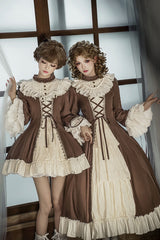 Brown/Beige [Nutcracker] Stand Collar Long Trumpet Sleeves Ruffle Cardigan Bowknot Lace-Up Sweet Lolita Dress Set 2 Versions - Product - 6