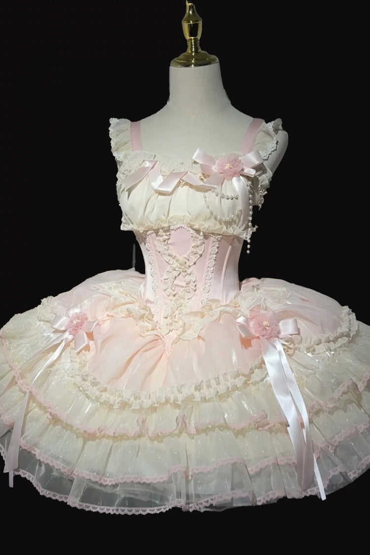 [Flowing Light Gift Box] Square Collar Sleeveless Multi-Layered Ruffled Bow Elegant Ballet Sweet Lolita Jsk Dress 6 Colors - Pink - 13