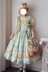 Green [Lemon Chicken] Print Ruffle Bowknot Lace Sweet Lolita Jsk Long Dress - Product - 6