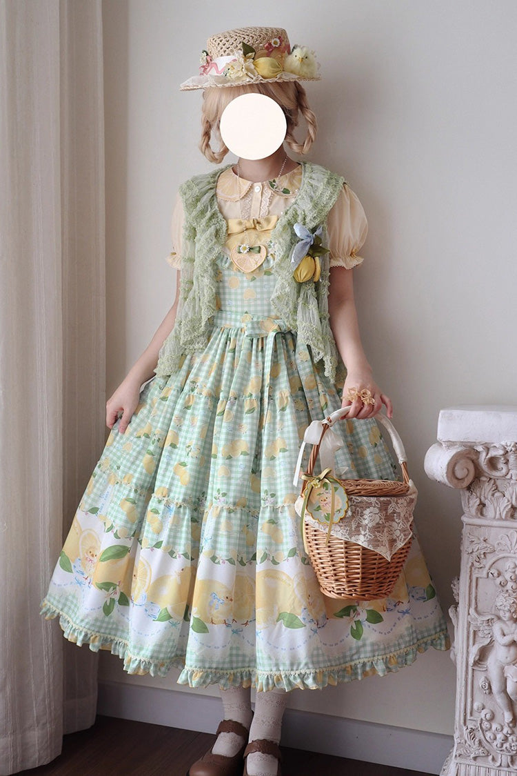 Green [Lemon Chicken] Print Ruffle Bowknot Lace Sweet Lolita Jsk Long Dress - Product - 6