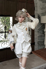 White [Candy Shop] V Collar Sleeveless Bow Lace Sweet Ouji Lolita Shorts Vest Set - White(Set) - 1