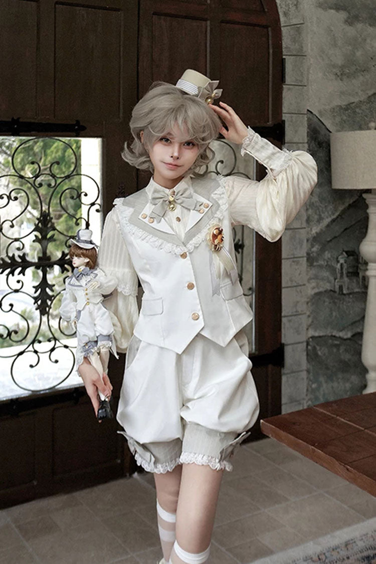 White [Candy Shop] V Collar Sleeveless Bow Lace Sweet Ouji Lolita Shorts Vest Set - White(Set) - 1