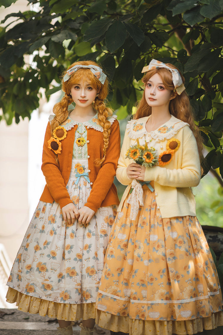 Apricot [Gardening Sunflower] Sleeveless Print Ruffle Bowknot Sweet Elegant Uplift Lolita Jsk Dress - Product - 7