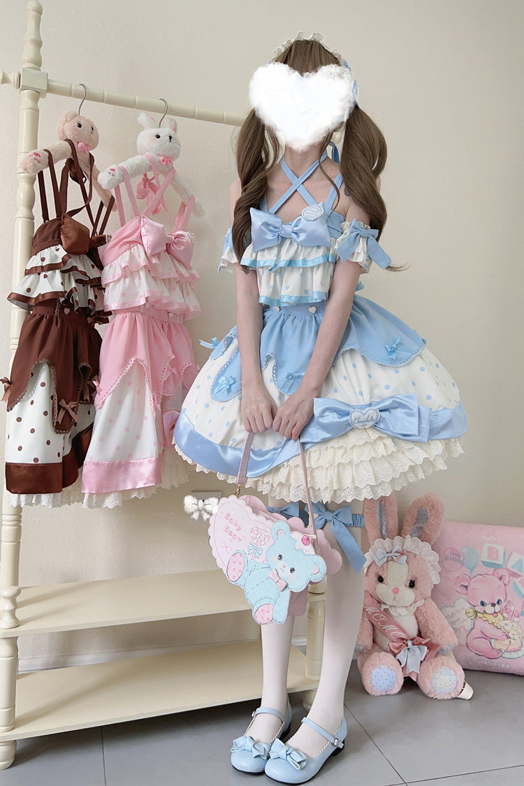 Blue Cream Multi-Layered Polka Dots Print Ruffle Bowknot Sweet Lolita Jsk Dress - Product - 6