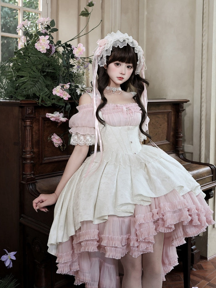 Pink & White Gothic Underbust JSK Dress and Off-Shoulder Blouse Set detail view 6