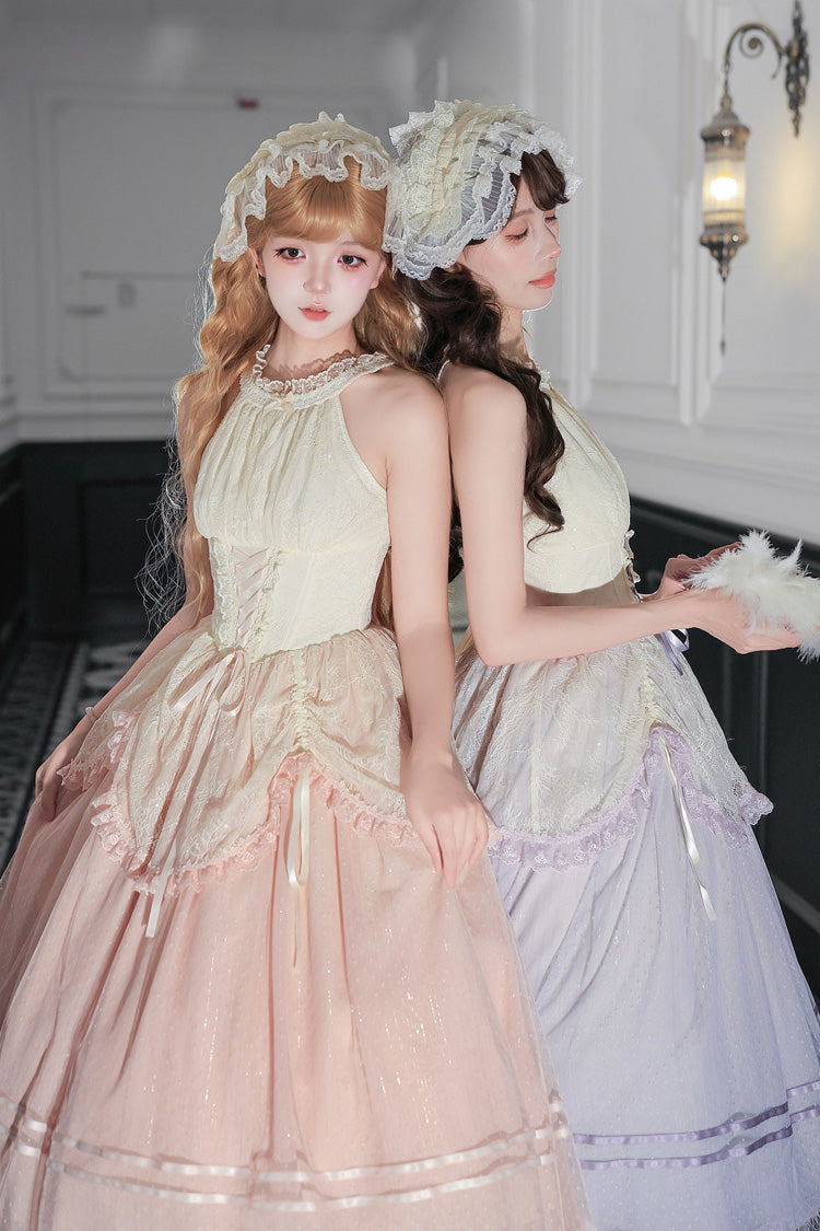 [Tulip Scent] Halterneck Sleeveless Printed Ruffled Lace Lace-Up Fishbone Sweet Lolita Jsk Dress Set (Pink/Purple 2 Colors) - Product - 11