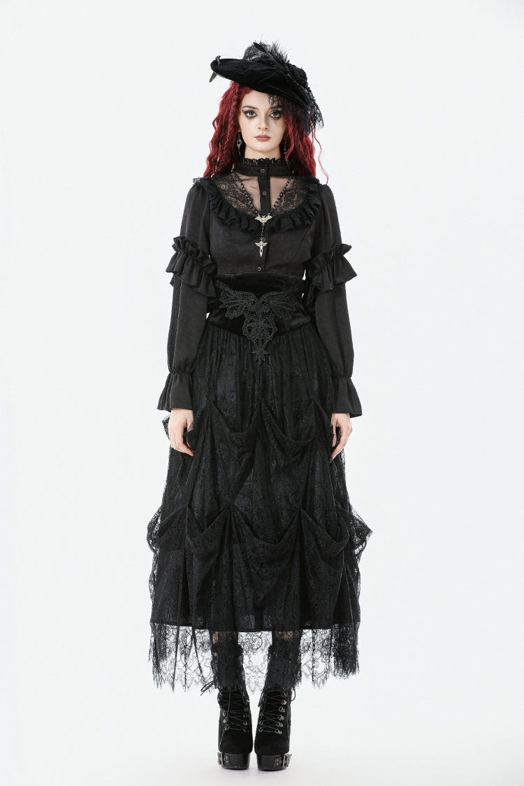 ブラック Sheer スタンドカラー フリル ロング ランタンスリーブ レディース ゴシック ブラウス 商品画像