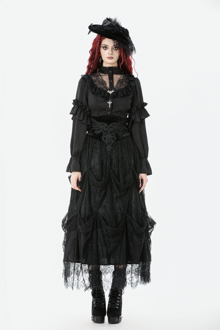 Black Sheer Stand Collar Ruffled Long Lantern Sleeves Women's Gothic Blouse - Product - 7