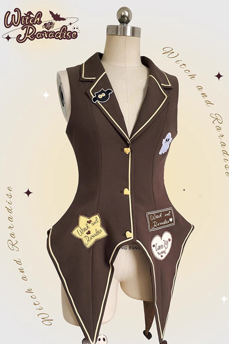 Brown/Yellow [Witch and Paradise] Short Sleeves Ruffle Bowknot Sweet Japanese Halloween Lolita Dress Vest Set - Product - 18