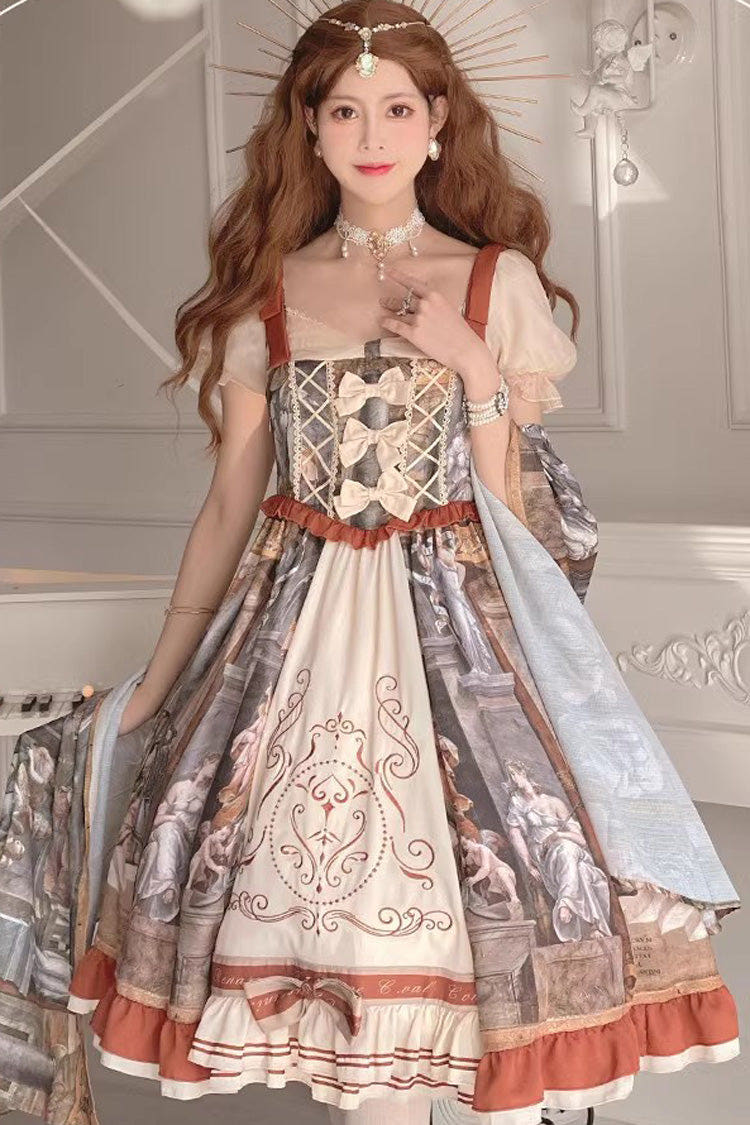 複数カラー コンスタンティン 油絵 プリント リボン ヴィンテージ プリンセス ロリータワンピース