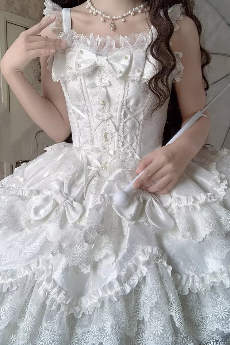White [Realm of Sea Moon] Square Collar Sleeveless Multi-Layered Jacquard Ruffled Bow Lace Lace-Up Sweet Lolita Jsk Dress - Product - 2