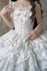 White [Realm of Sea Moon] Square Collar Sleeveless Multi-Layered Jacquard Ruffled Bow Lace Lace-Up Sweet Lolita Jsk Dress - Product - 2