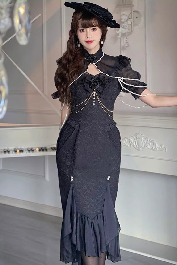 Black [Camellia 1.0] Sleeveless Jacquard Ruffle Lace Gothic Chinese Style Lolita Jsk Fishtail Dress - Product - 5