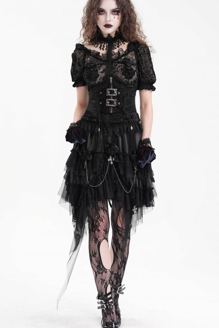Black Embroidered Lace Lace-Up Slim Fit Zippered Women's Gothic Tassels Luxurious Royal Underbust Corset - Product - 1