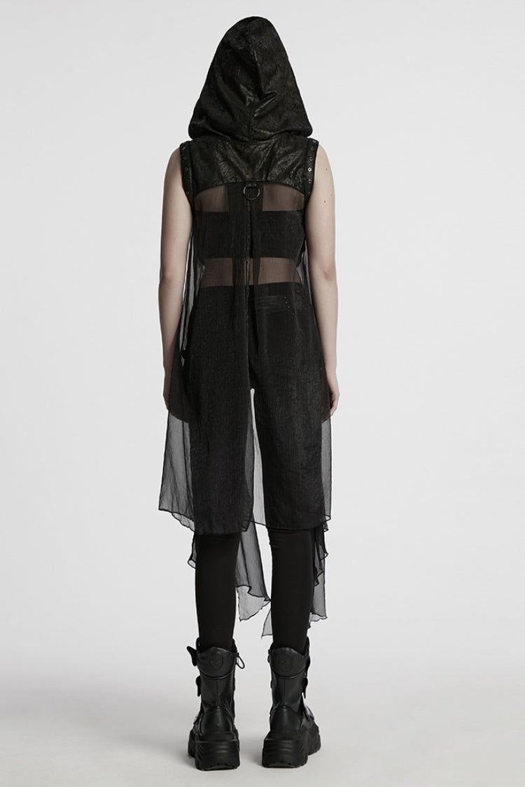 Black Sleeveless Hooded Mesh Women's Punk Harness Vest - Product - 3