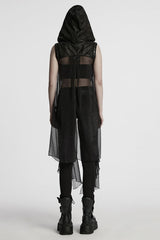 Black Sleeveless Hooded Mesh Women's Punk Harness Vest - Product - 3