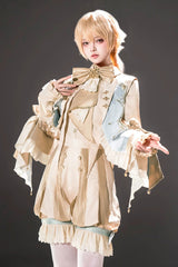 Yellow [Fairytale Storybook] Stand Collar Long Sleeves Ruffled Embroidered Bow Classic Chinese Style Ouji Lolita Set - Yellow(Set) - 1