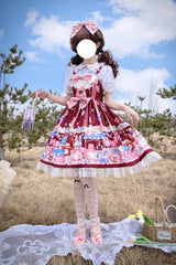 Wine Red Doll Playground Print Ruffle Bowknot Sweet Lolita Jsk Dress - Product - 6