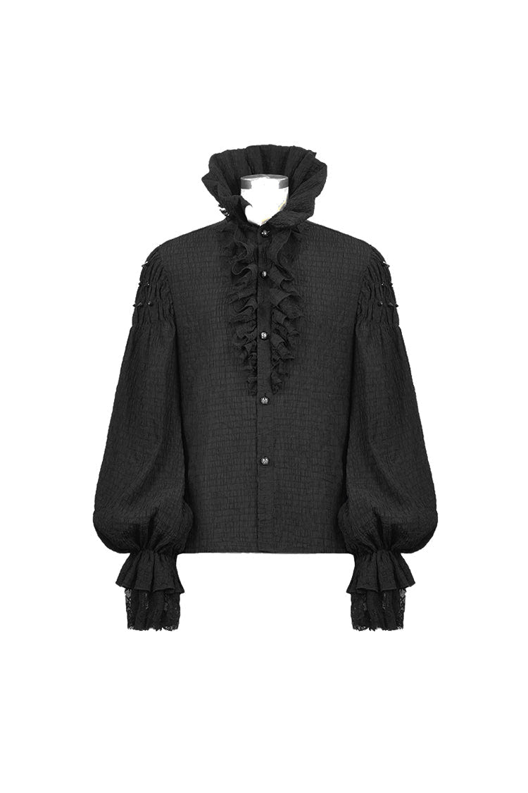 Black High Collar Chiffon Chest Frilly Beading Long Sleeve Lace Cuff Men's Gothic Shirt - Product - 7