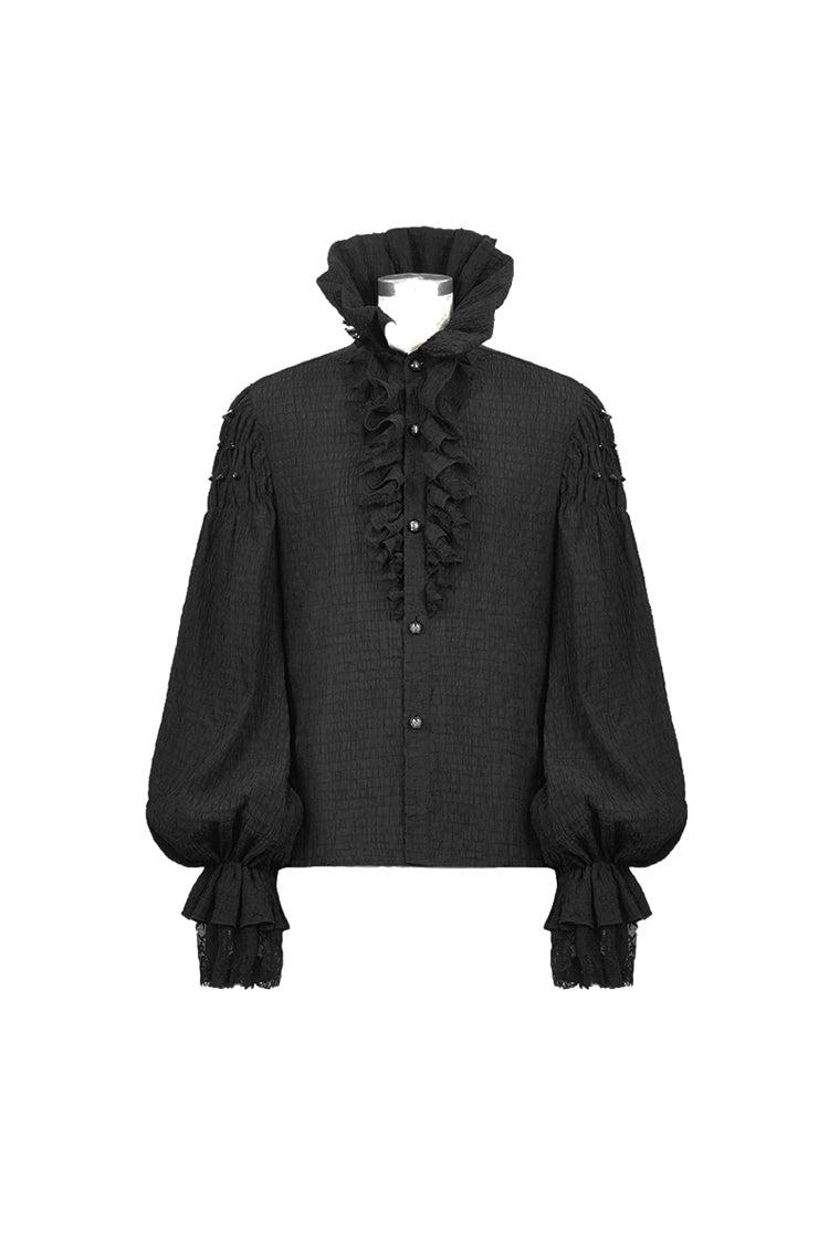 Black High Collar Chiffon Chest Frilly Beading Long Sleeve Lace Cuff Men's Gothic Shirt - Product - 7