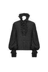 Black High Collar Chiffon Chest Frilly Beading Long Sleeve Lace Cuff Men's Gothic Shirt - Product - 7