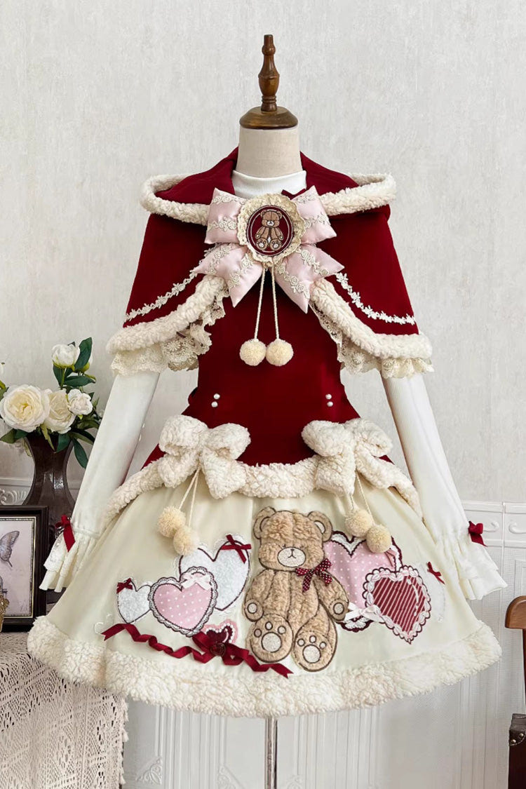 Red [New Year] Long Sleeves Embroidered Bow Lace Sweet Lolita Skirt and Rabbit Ears Cloak Set - Product - 1