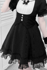 Black/White Short Sleeves Stripe Print Ruffle Bowknot Cross Waist Maid Sweet Japanese Lolita Dress Set - Product - 3