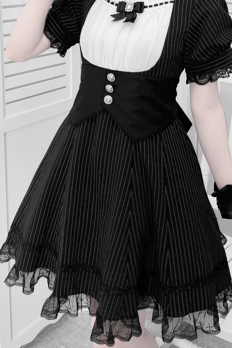 Black/White Short Sleeves Stripe Print Ruffle Bowknot Cross Waist Maid Sweet Japanese Lolita Dress Set - Product - 3