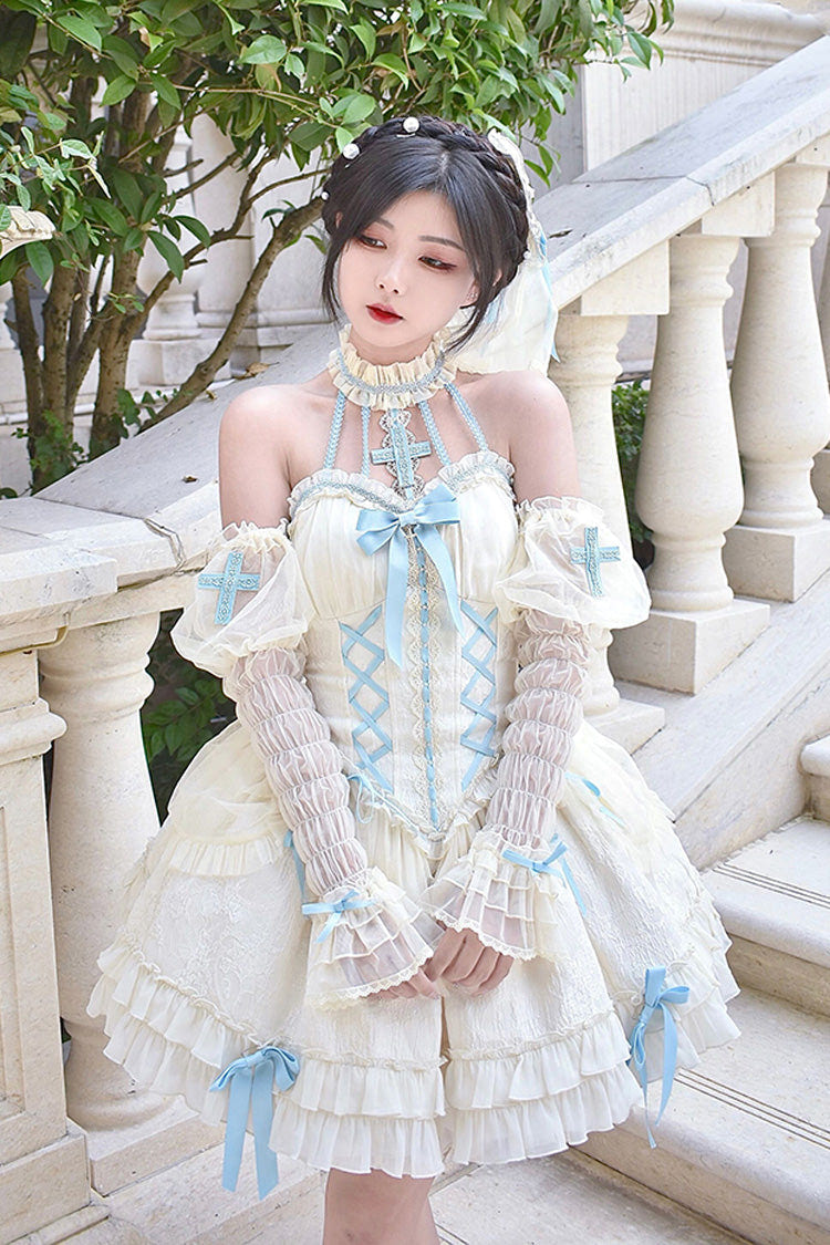 Blue/Ivory Tube Top Sleeveless Ruffle Bowknot Gothic Lolita Jsk Tiered Dress - Product - 4