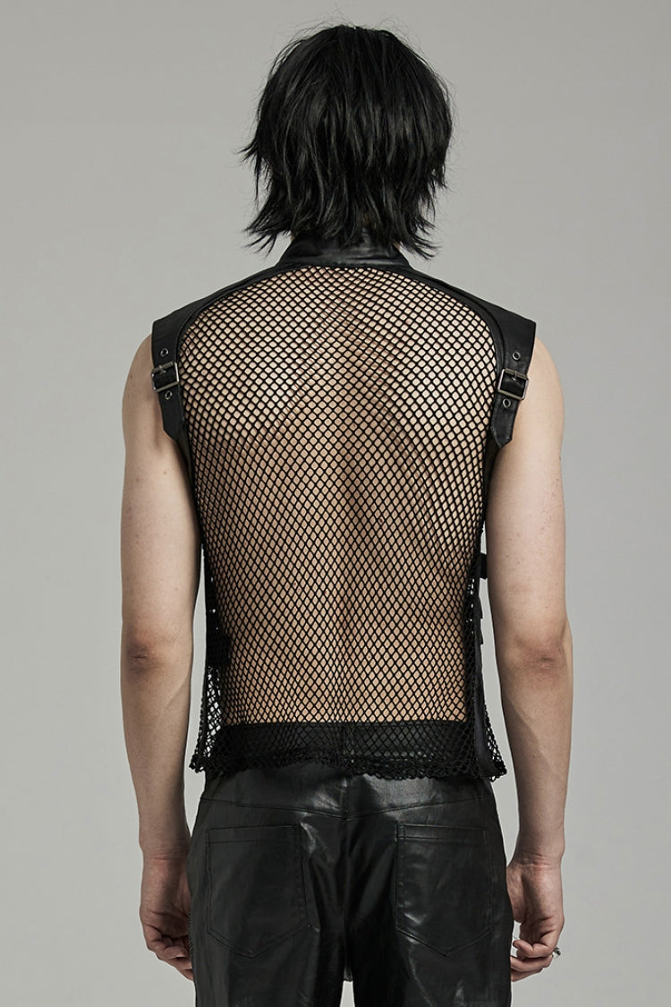 Black Multi-buckles Hollow Mesh Faux Leather Men's Punk Vest - Product - 3