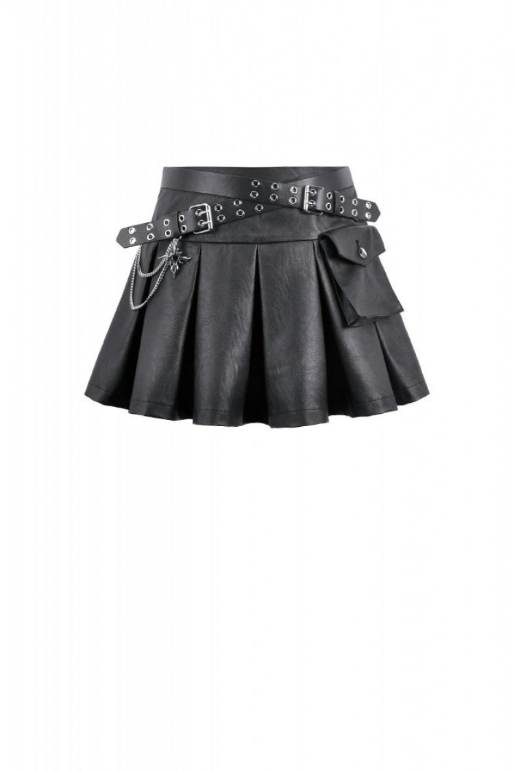 Black Cross Belt Chain-Decorated Lace-Up Women's Punk Pleated Skirt - Product - 3