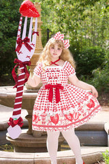 Red Short Sleeves Strawberry Plaid Print Bowknot Sweet Plus Size Princess Lolita Dress - Product - 10