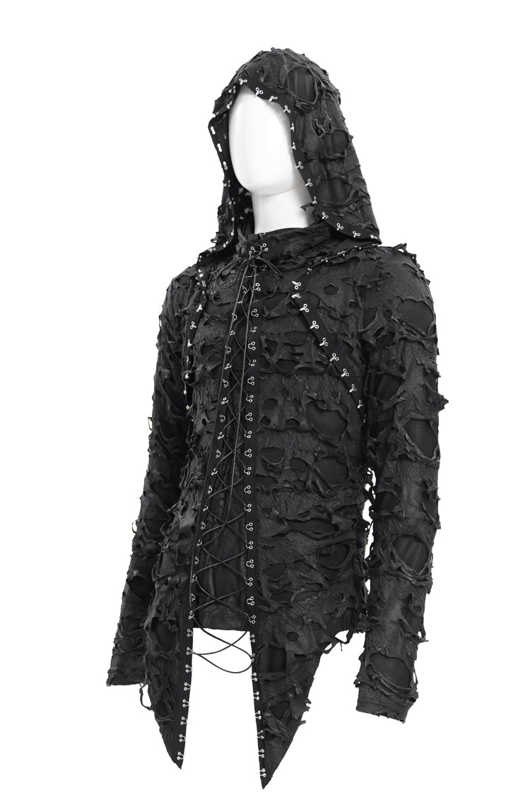 Black Studs Long Sleeves Lace-Up Ripped Men's Gothic Hooded Coat - Product - 9