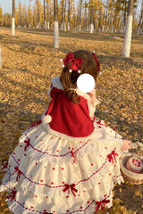 Red/Apricot Triple-Layered Print Ruffle Bowknot Lace Sweet Princess Lolita Dress Cloak Set - Product - 5