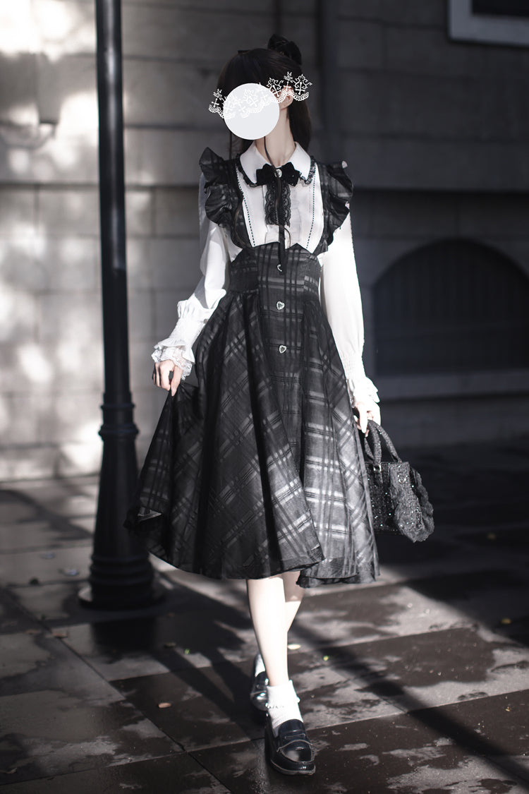 Black Plaid Print Classic College Style Elegant Lolita Strap Dress - Black - 1