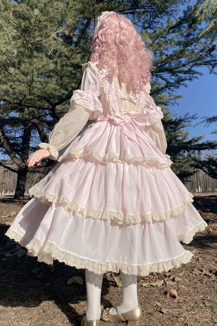 Pink Lapel Collar Long Sleeves High Waisted Multi-layer Bowknot Sweet Lolita Dress - Product - 6