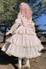 Pink Lapel Collar Long Sleeves High Waisted Multi-layer Bowknot Sweet Lolita Dress - Product - 6