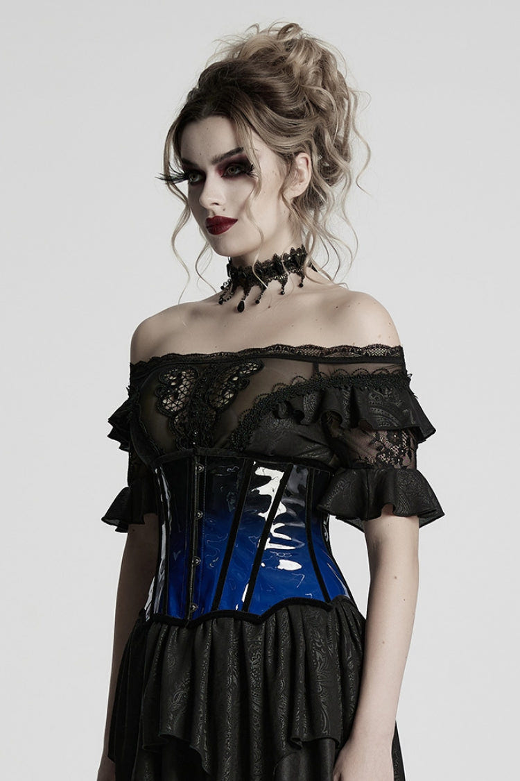 Black/Blue Gradient Patent Leather Women's Gothic Underbust Corset - Product - 2