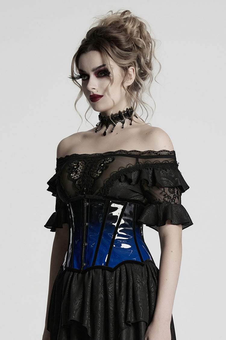 Black/Blue Gradient Patent Leather Women's Gothic Underbust Corset - Product - 2