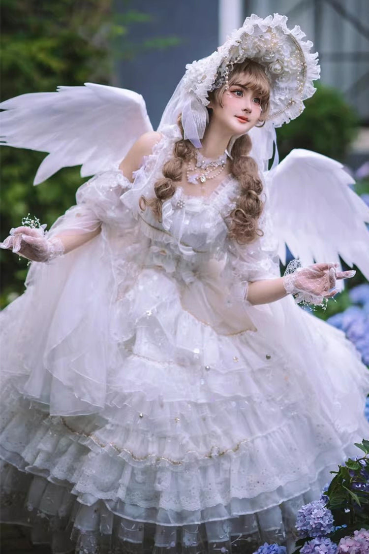 White [Dreamy Waltz] Sleeveless Multi-Layered Ruffled Hanayome Bow Lace Gothic Gorgeous Lolita Jsk Dress - Product - 3