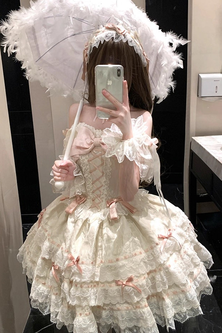 Apricot [Flora Isle Butterfly] Sleeveless Ruffle Bowknot Lace Lace-Up Sweet Elegant Lolita Jsk Dress - Product - 3