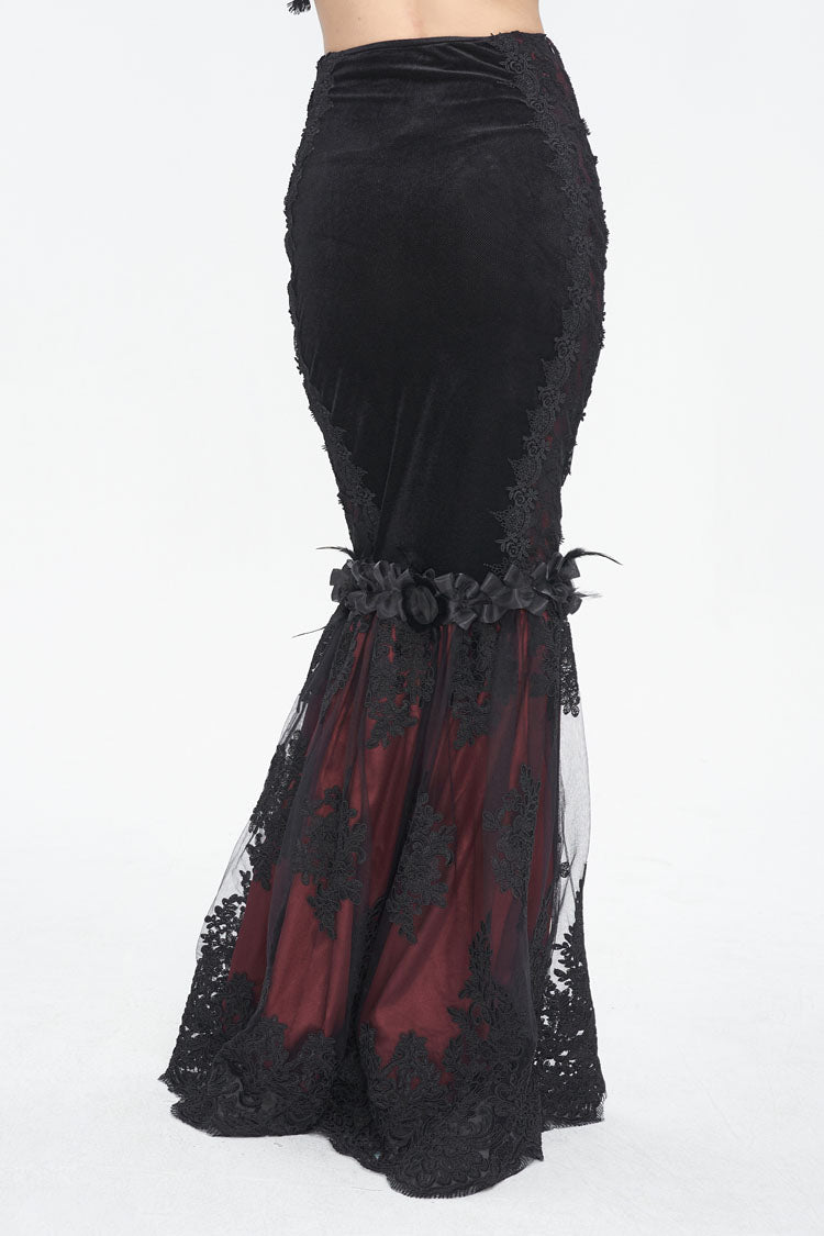 Black/Red High Waisted Embroidery Stitching Lace Women's Gothic Skirt - Product - 3