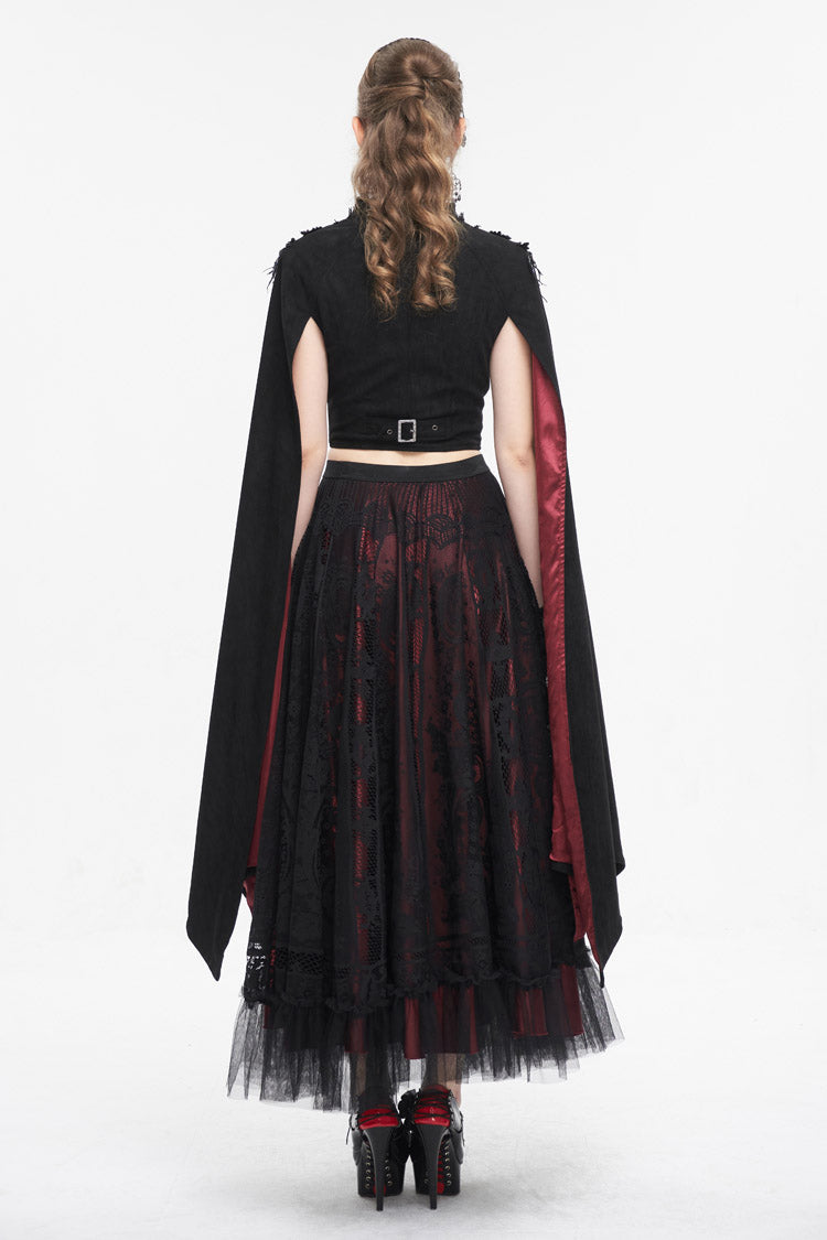 Black Stand Collar Floral Embroidered Women's Gothic Shirt Cloak - Product - 7