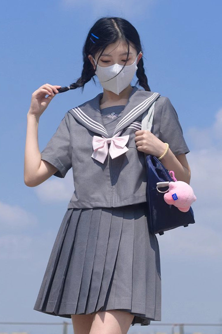 Grey Sweet College Style Navy Collar Japanese School Pleated Skirt - Product - 10