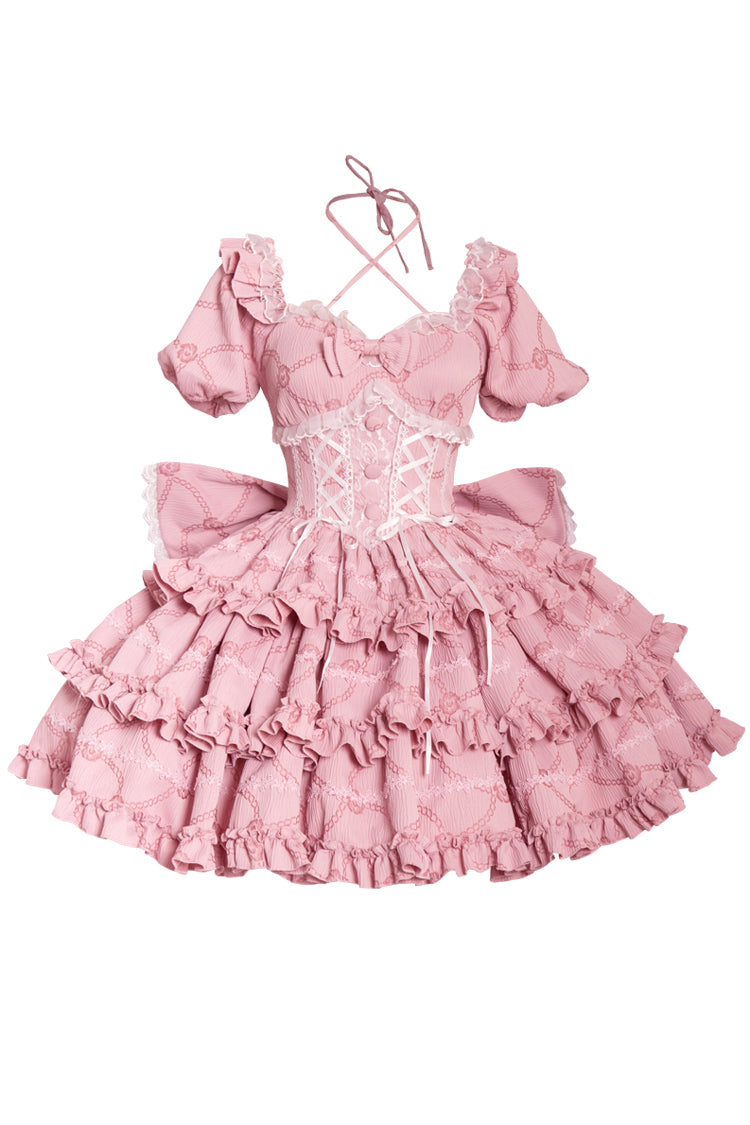 Pink Square Collar Short Sleeves Triple-Layered Ruffle Bowknot Sweet Lolita Dress - Product - 3