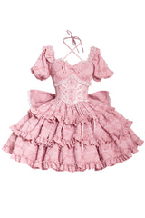 Pink Square Collar Short Sleeves Triple-Layered Ruffle Bowknot Sweet Lolita Dress - Product - 3