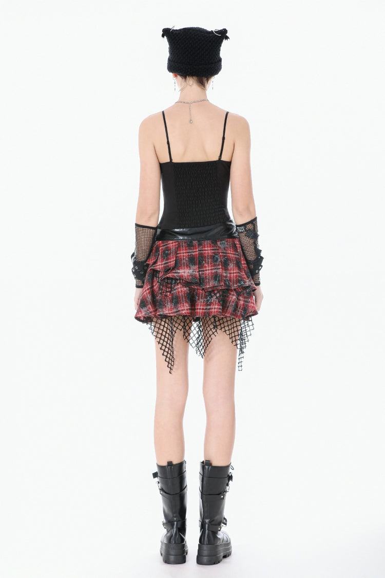Black Strap Off Shoulder Asymmetric Side Lace-Up Eyelet Women's Punk Plaid Cross Bustier - Product - 4