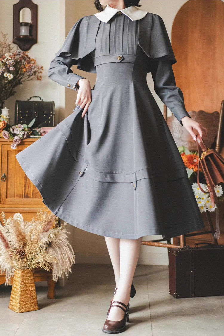 Grey [Forest Antique Trunk] Lapel Collar Long Sleeves Classic Vintage Elegant Lolita Dress - Product - 2