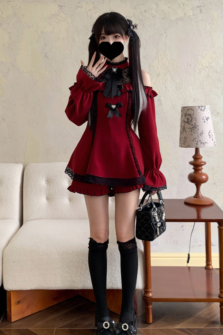 Sweet Off Shoulder Halterneck Long Sleeves Ruffle Bowknot Lace Jirai Kei Dress Shorts Set 4 Colors - Product - 18