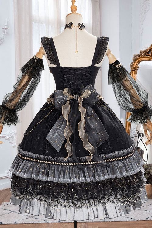 Black Starry Night Square Collar Bowknot Multi-Layer Ruffled Cardigan Gothic Lolita JSK Dress with Detached Sleeves - Product - 11